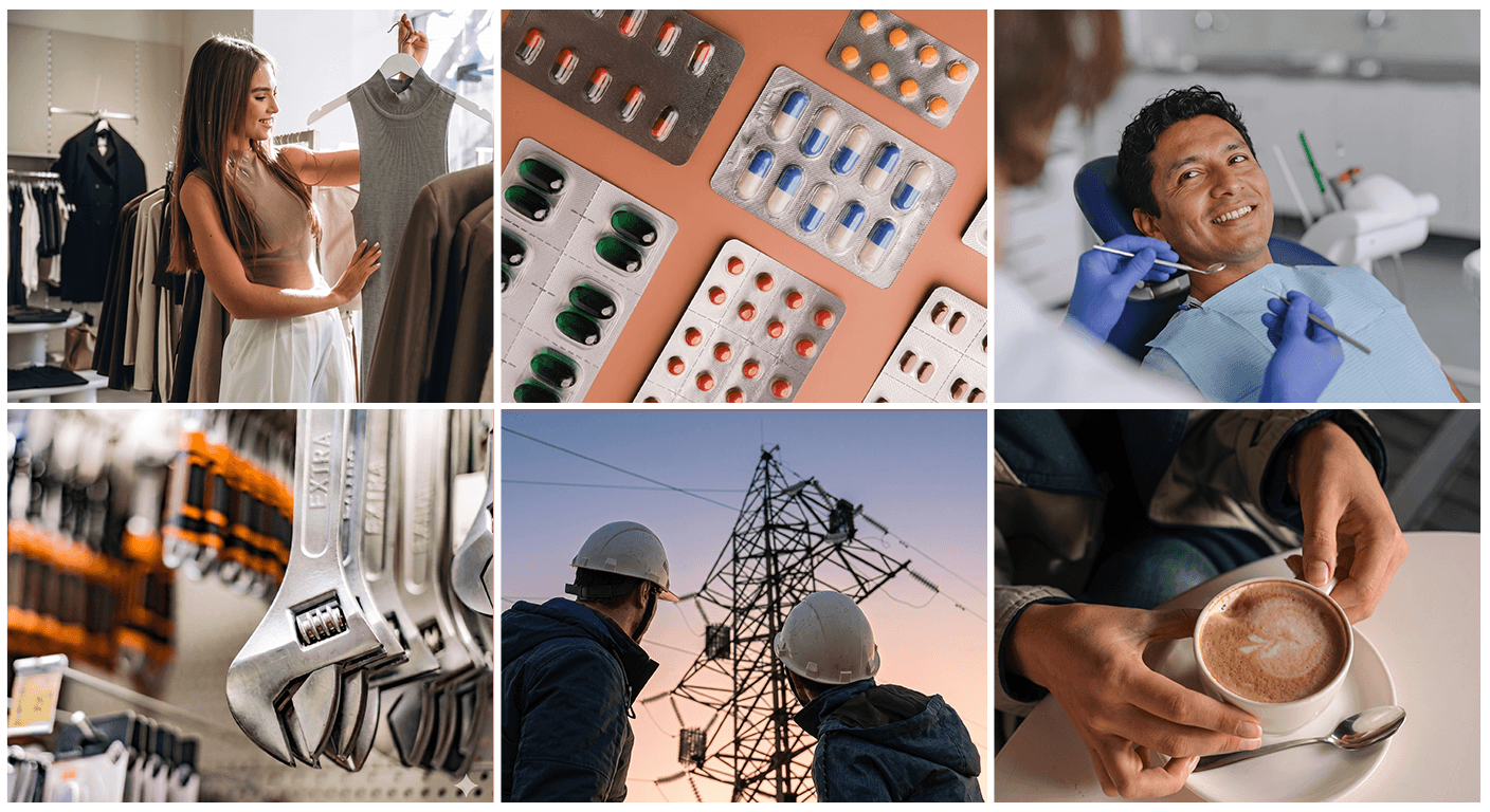 Collage de rubros: ropa, alimentos, servicios y tecnología