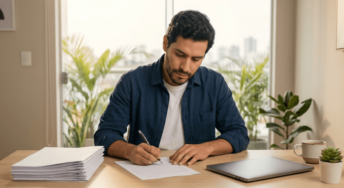 Emprendedor preparando los documentos de su solicitud de marca